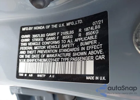 2021 Honda Civic Ex z USA, uszkodzony, nr VIN SHHFK7H63MU231437